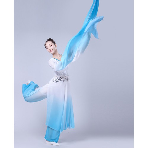 Women's chinese folk dance costumes water sleeves pink with blue hanfu dresses ancient traditional fairy yangko cosplay dresses
